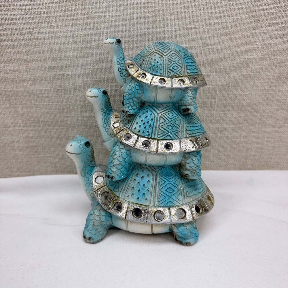 Stacked Turtle Figurine Blue White Silver Mirror Shell Coastal Decor 7.5 Inch